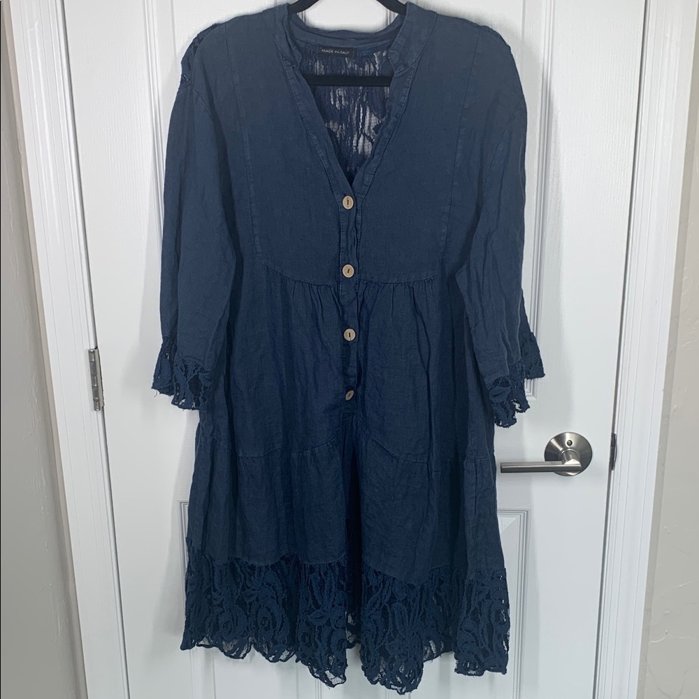Navy Button-Front Lace Hem Women's Dress